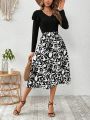 SHEIN VCAY Women's Ruffle Hem Long Sleeve Top And Plant Print Midi Skirt 2pcs/set