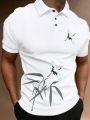 Men Crane & Bamboo Print Polo Shirt