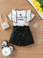 SHEIN Baby Girl Set Of 2, Including White Embroidered T-Shirt With Ruffle Hem And Reflective Fabric Shorts With Bow Tie At The Waist