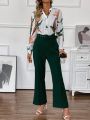 SHEIN Lady Women's Floral Printed Long Sleeve Shirt And Belted Flared Pants Set