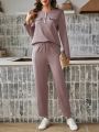 SHEIN LUNE Women's Solid Color Round Neck Long Sleeve Top And Long Pants 2pcs Set