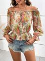 SHEIN VCAY Holiday Off Shoulder Blouse With Floral Print And Ruffled Hem