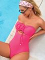 SHEIN Swim Vcay Women'S One Piece Hollow Out Swimsuit With Strapless Tie Front Design