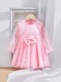 SHEIN Baby Girls' Elegant Pink Butterfly & Polka Dot Mesh Long Sleeve Dress