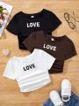 SHEIN Kids EVRYDAY Tween Girls' 3pcs Knitted Round Neck Fitted Ruched Casual T-Shirts