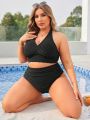 SHEIN Swim Vcay Plus Size Women's Solid Color Halter Neck Tie Swimsuit Set