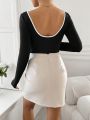 SHEIN Privé Valentine'S Day, New Year, And Christmas Elegant Black And White Contrast Color Backless Women'S T-Shirt