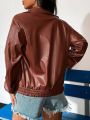 Women's Faux Leather Zipper Front Oversized Jacket With Drop Shoulder
