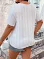 SHEIN Frenchy Plus Size V-Neck Short Sleeve T-Shirt With Eyelet Embroidery Detail