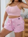 Plus Size Solid Color Camisole With Crown & Letter Printed Shorts Pajama Set