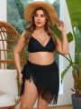 SHEIN Swim BohoFeel Plus Size Cover Up Skirt With Knot Detailing, Fringe Hem And Side Tie