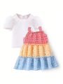 SHEIN Kids Nujoom Sweet, Ladylike, Casual, Fashionable And Trendy Color-Blocked Puff Cute Two-Piece Set For Girls