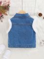 SHEIN Little Girls' Plush Patchwork Sleeveless Denim Vest