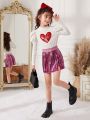 SHEIN Kids KDOMO Tween Girl Sequin Heart Pattern Gigot Sleeve Tee