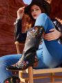 Styleloop Styleloop Women's Spring/Summer Outdoor Party/Wedding Slip On ColorLow Heel Western Boots With Color Embroidery,European And American Fashionable Style Women Boots