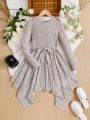 SHEIN Kids FANZEY Big Girls' Knitted Solid Color Slim-fit Elegant Dress With Round Neckline And Irregular Hemline