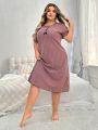 Plus Size Women's Round Neck Hollow Out Striped Short Sleeve Nightdress