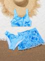 Tween Girls Three-Piece Set Of Printed Flowy Swimsuit