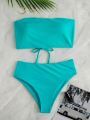 SHEIN Swim Vcay Solid Bikini Set Lace Up Back Reversible Tube Bra & High Waisted Bottom 2 Piece Bathing Suit