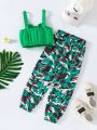 SHEIN Kids Cooltwn Young Girl Summer Camouflage Workwear Pants With Strap, 2pcs/Set