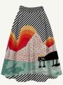 Plus Size Women's Striped Cat Print A-line Skirt