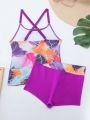 2pcs/Set Tween Girls' Cross-Back Sweet And Cool Y2k Floral Print Leisure Vacation Tank Bikini Set