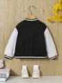 SHEIN Baby Girl Letter & Bear Print Striped Trim Varsity Jacket Without Tee