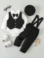 Multiple Pieces Baby Boy's Gentleman Style Buttoned Shirt With Bowtie, Suspender & Long Pants Four Piece Suit (Thin), Fall And Winter