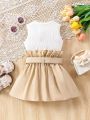 SHEIN Baby Girl'S Sleeveless Top & Khaki Paper Bag Waist Pleated Skirt Set With Waistband, For Vacation