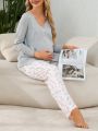 Maternity V-Neck Button Front Top And Small Floral Print Pants Pajama Set