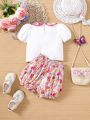 SHEIN Baby Girls' Summer Holiday Color Block Doll Collar Top With Flower Print Shorts Set