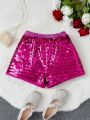 SHEIN Kids CHARMNG Tween Girls' Sequin Elastic Waist Wide Leg Shorts With Silver Thread