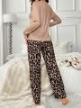 Women'S Leopard Print Long Sleeve T-Shirt And Long Pants Pajama Set