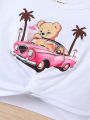 2pcs Baby Girl Valentine's Day Bear, Car Print Short Sleeve T-Shirt And Long Pants Summer Outfit