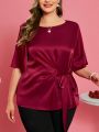 EMERY ROSE Valentine's Day Plus Size Bell Sleeve Knotted And Side-Tied Satin Top