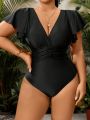 SHEIN Swim Vcay Plus Size Solid One-Piece Swimsuit With Ruffled Sleeves