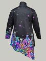 Women's Plus Size High Collar Christmas Printed Asymmetrical Hem T-shirt