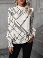 Geo Print Mock Neck Lantern Sleeve Blouse