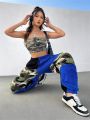 SHEIN Coolane Women'S Drawstring Waist Camo Plush Patchwork Pants