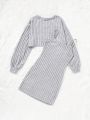 SHEIN Teen Girls' Knitted, Fuzzy, Textured Sweater Vest & Suspender Dress Set