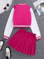 SHEIN Teen Girl Letter Patched Striped Trim Varsity Jacket & Pleated Skirt