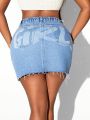 SHEIN SXY Women'S Denim Skirt With Frayed Hem And Letter Print