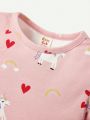 Cozy Cub Baby Girls' 2pcs Heart-Shaped Colorful Cartoon Unicorn Pattern Long-Sleeve Dress With Round Neck And Elastic Waist