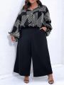 SHEIN CURVE+ Plus Size Women's Geometric Print Lantern Sleeve Two-Piece Set