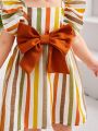 SHEIN Baby Girls' Casual Striped Pattern Dress With Bowknot & Ruffle Hem Design