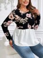 SHEIN Clasi Women's Plus Size Color Block Tee With Floral Print