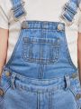 Young Girls' Basic Casual College Style Light Blue Washed Distressed Denim Overall Shorts