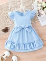 Baby Girls' Simple Light Blue Short Sleeve Dress For Summer