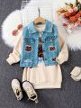 SHEIN Kids Cooltwn Young Girl Figure Graphic Tee & Denim-Effect Print Vest Jacket