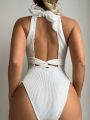 SHEIN Swim Chicsea Women'S Open Back Halter One-Piece Swimsuit